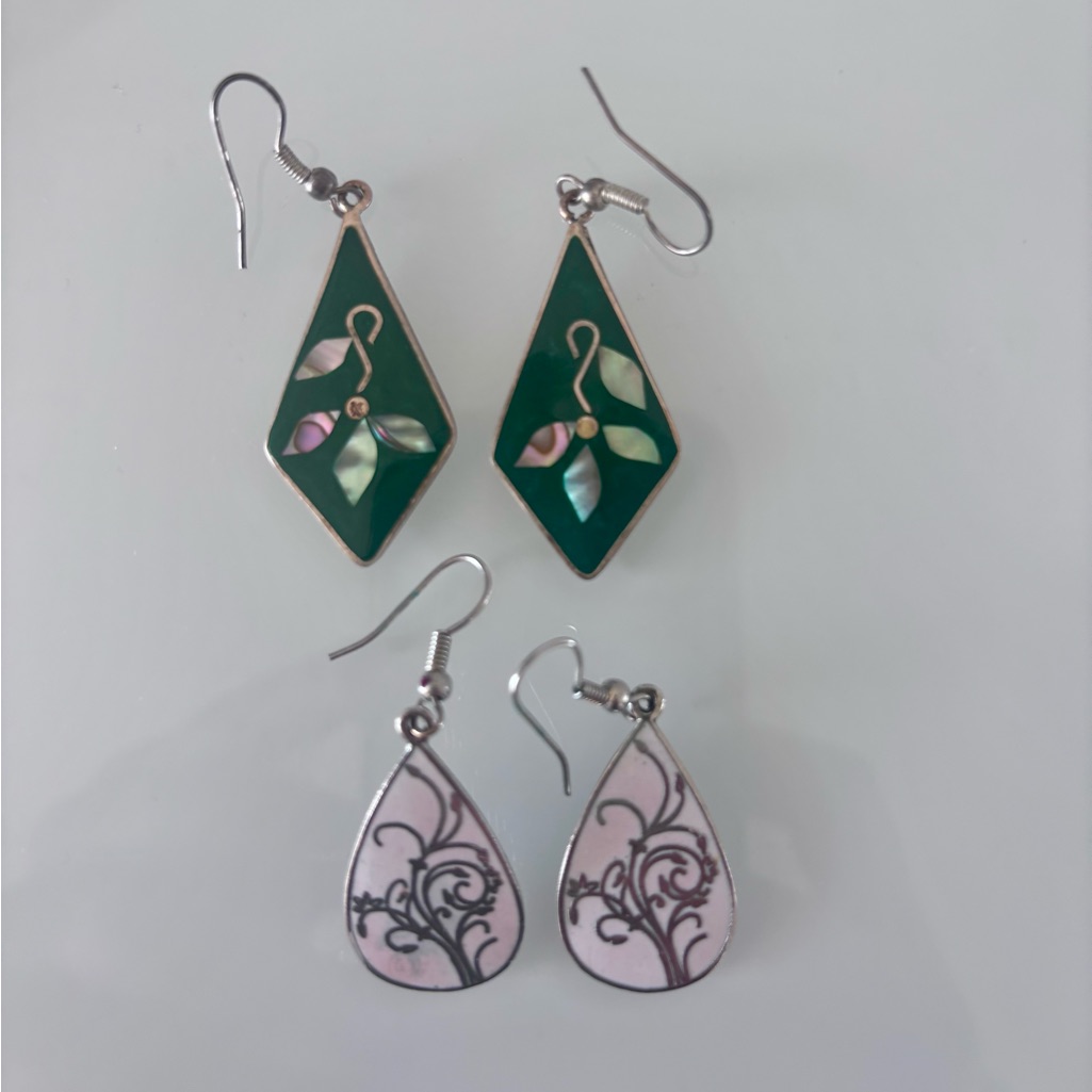 Vintage Signed Alpaca Silver Metal Green Mother Of Pearl Flower Inlay Earrings 30$